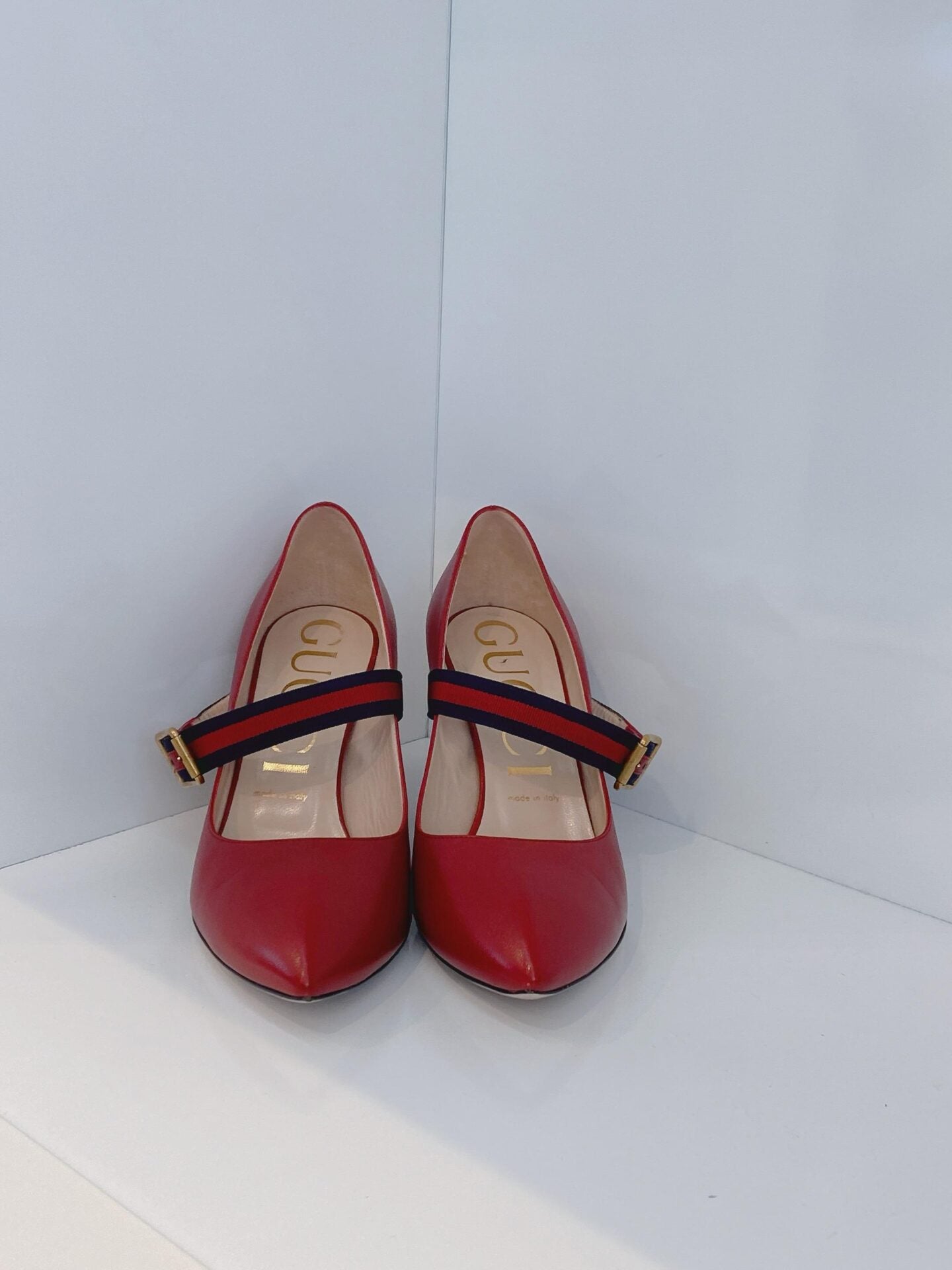 RED LEATHER SYLVIE VINTAGE WEB STRAP PUMPS 39.5