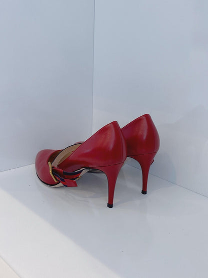 RED LEATHER SYLVIE VINTAGE WEB STRAP PUMPS 39.5