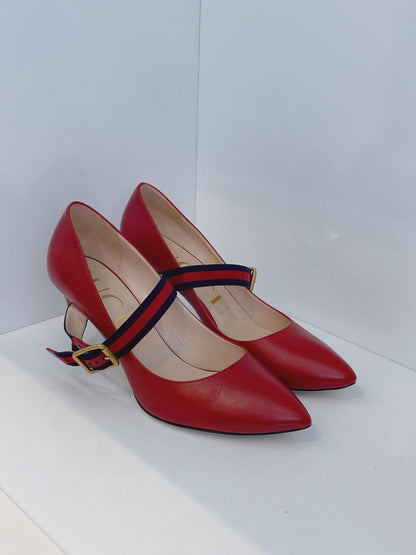 RED LEATHER SYLVIE VINTAGE WEB STRAP PUMPS 39.5