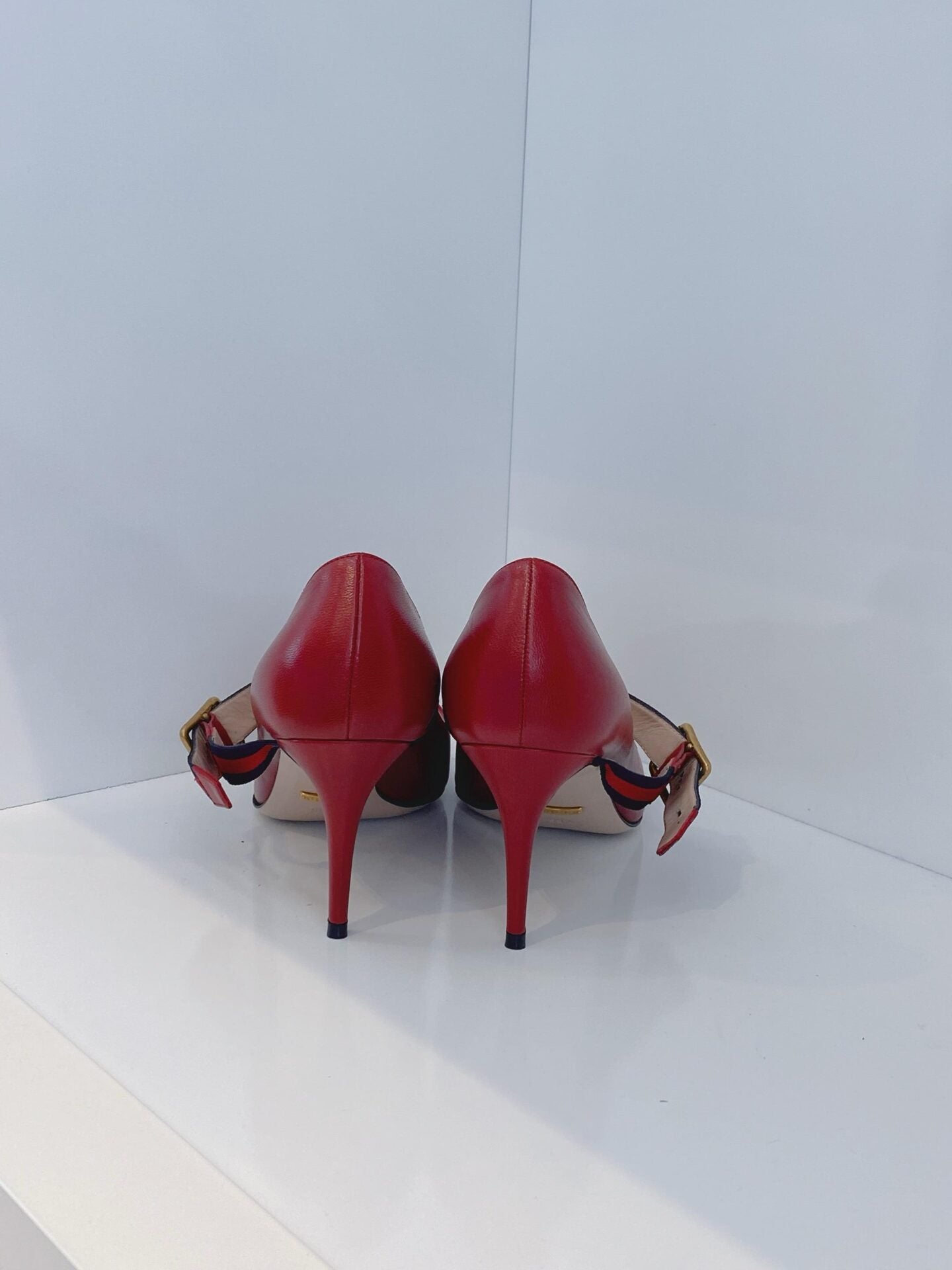 RED LEATHER SYLVIE VINTAGE WEB STRAP PUMPS 39.5