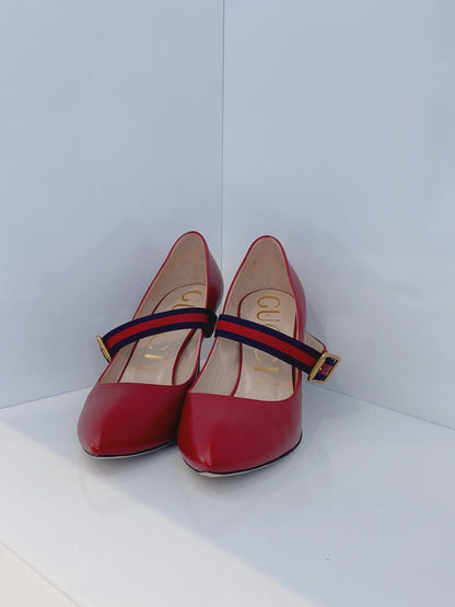 RED LEATHER SYLVIE VINTAGE WEB STRAP PUMPS 39.5