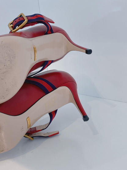 RED LEATHER SYLVIE VINTAGE WEB STRAP PUMPS 39.5