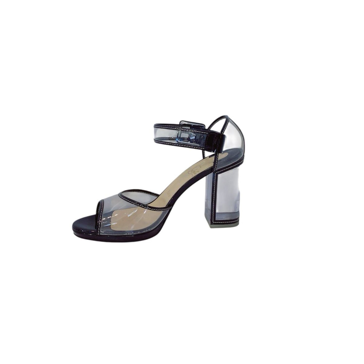 CLEAR PVC AND BLACK PATENT TRIM BARBACLARA LUCITE BLOCK HEEL SANDALS 40