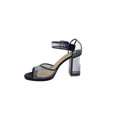 CLEAR PVC AND BLACK PATENT TRIM BARBACLARA LUCITE BLOCK HEEL SANDALS 40
