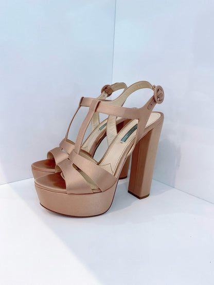 BEIGE SATIN OPEN TOE ANKLE STRAP PLATFORM SANDALS 40