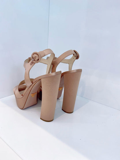 BEIGE SATIN OPEN TOE ANKLE STRAP PLATFORM SANDALS 40