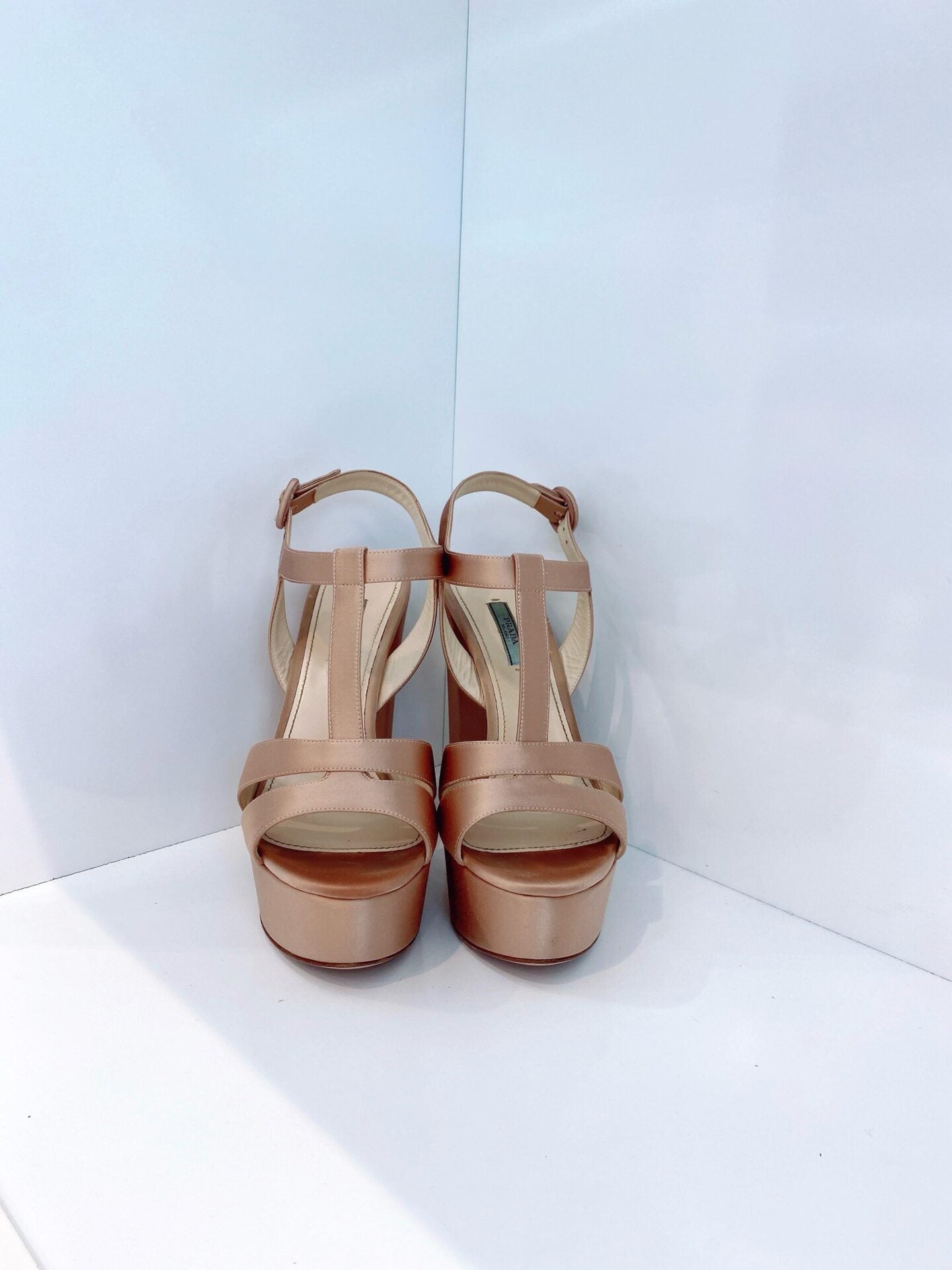 BEIGE SATIN OPEN TOE ANKLE STRAP PLATFORM SANDALS 40
