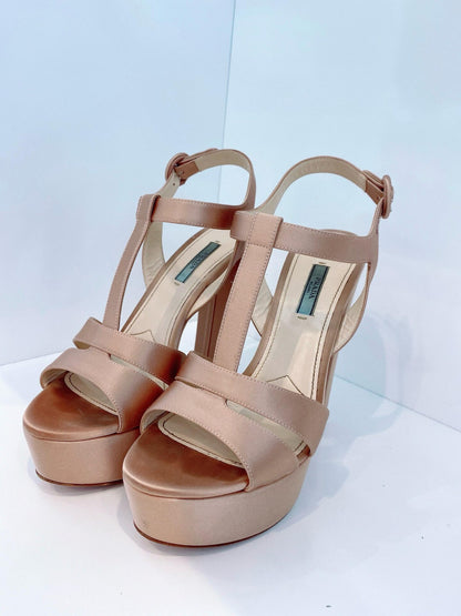 BEIGE SATIN OPEN TOE ANKLE STRAP PLATFORM SANDALS 40
