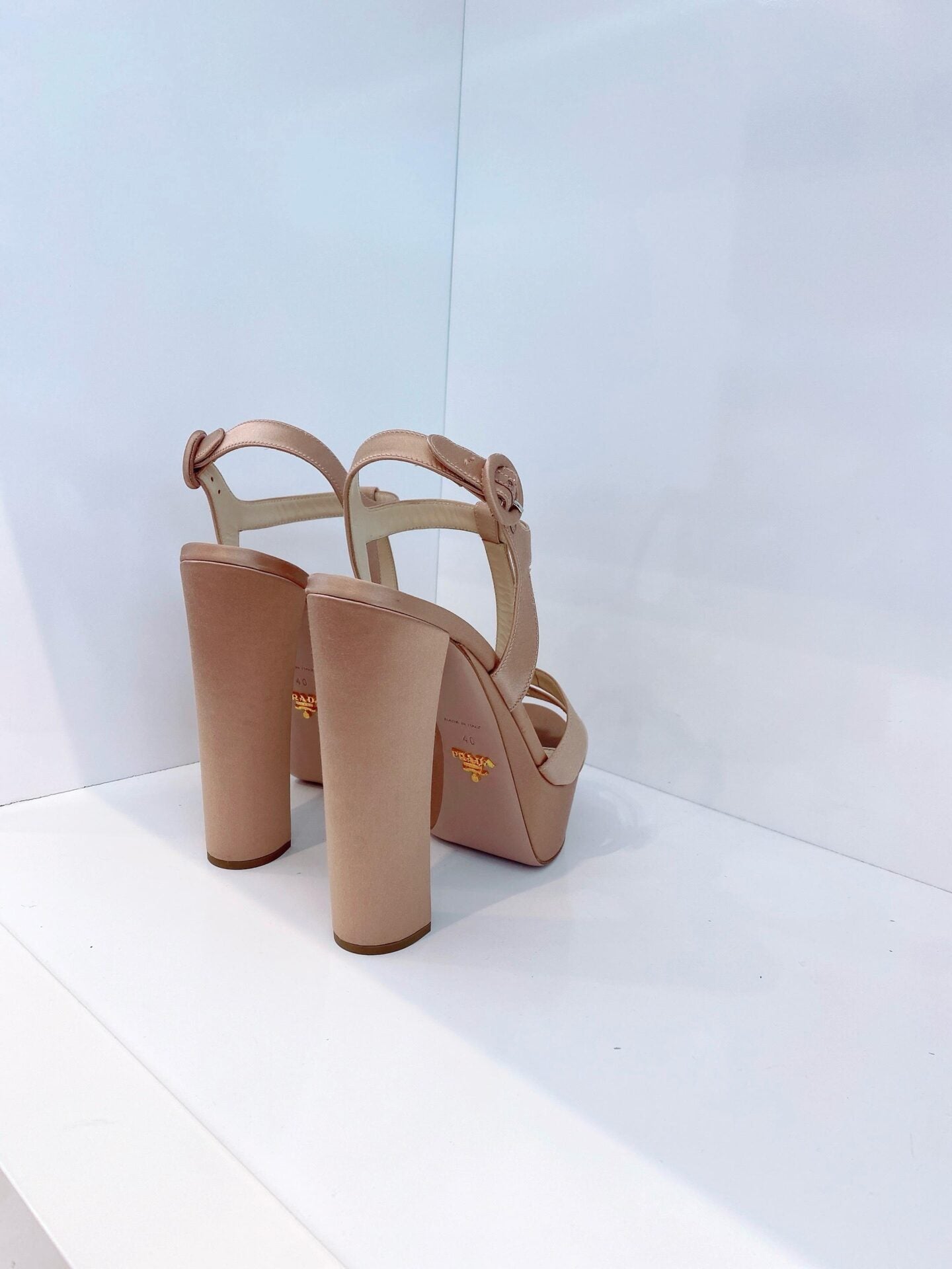 BEIGE SATIN OPEN TOE ANKLE STRAP PLATFORM SANDALS 40