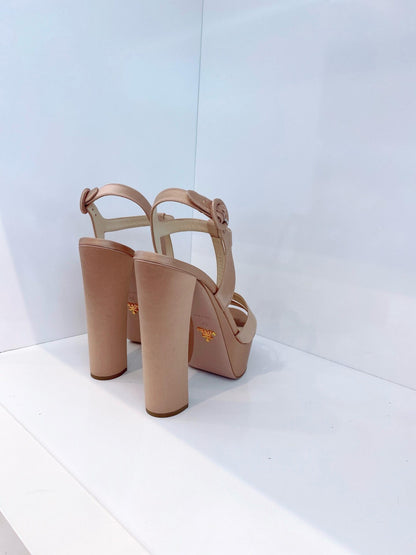 BEIGE SATIN OPEN TOE ANKLE STRAP PLATFORM SANDALS 40