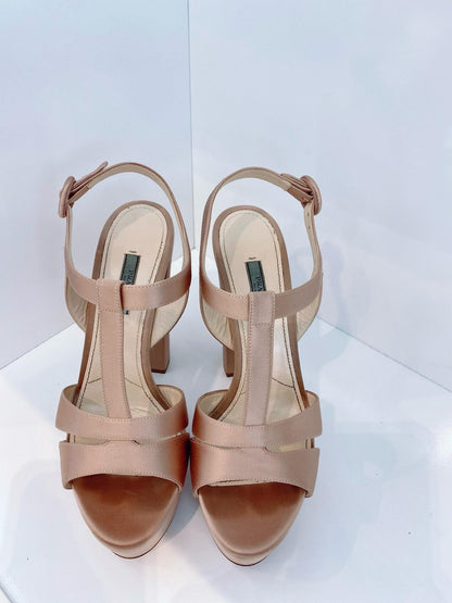 BEIGE SATIN OPEN TOE ANKLE STRAP PLATFORM SANDALS 40