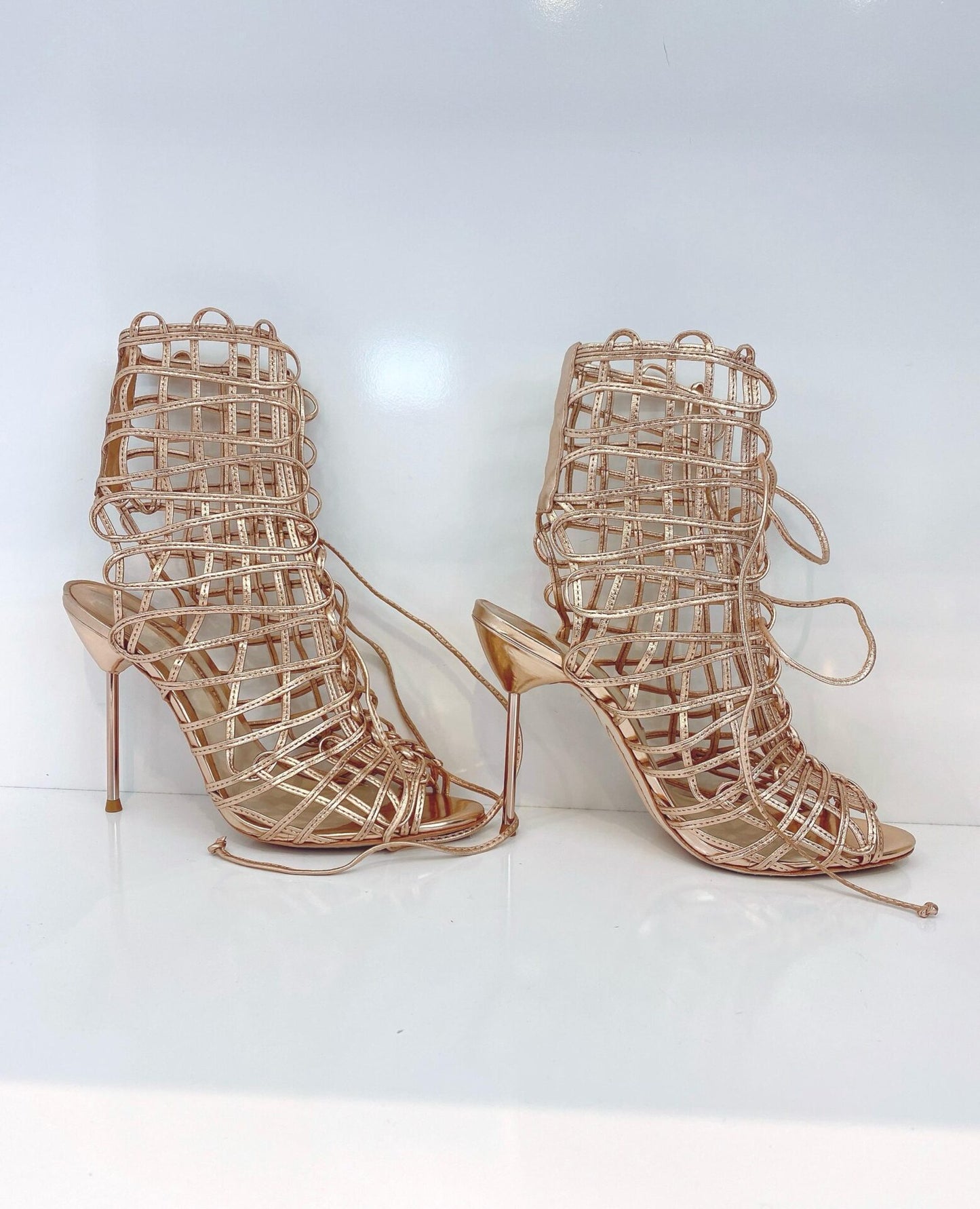 METALLIC ROSE GOLD LEATHER DELPHINE PEEP TOE CAGE SANDALS 40