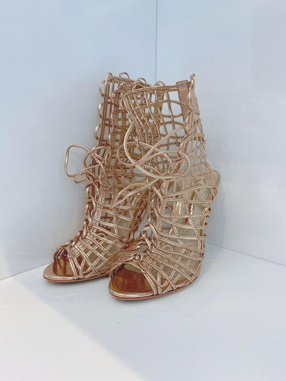 METALLIC ROSE GOLD LEATHER DELPHINE PEEP TOE CAGE SANDALS 40