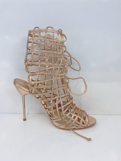 METALLIC ROSE GOLD LEATHER DELPHINE PEEP TOE CAGE SANDALS 40
