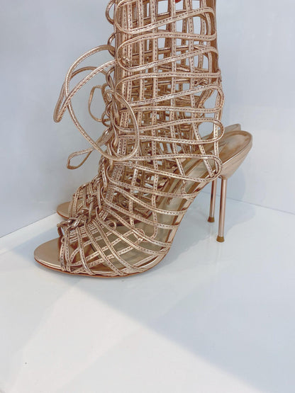 METALLIC ROSE GOLD LEATHER DELPHINE PEEP TOE CAGE SANDALS 40