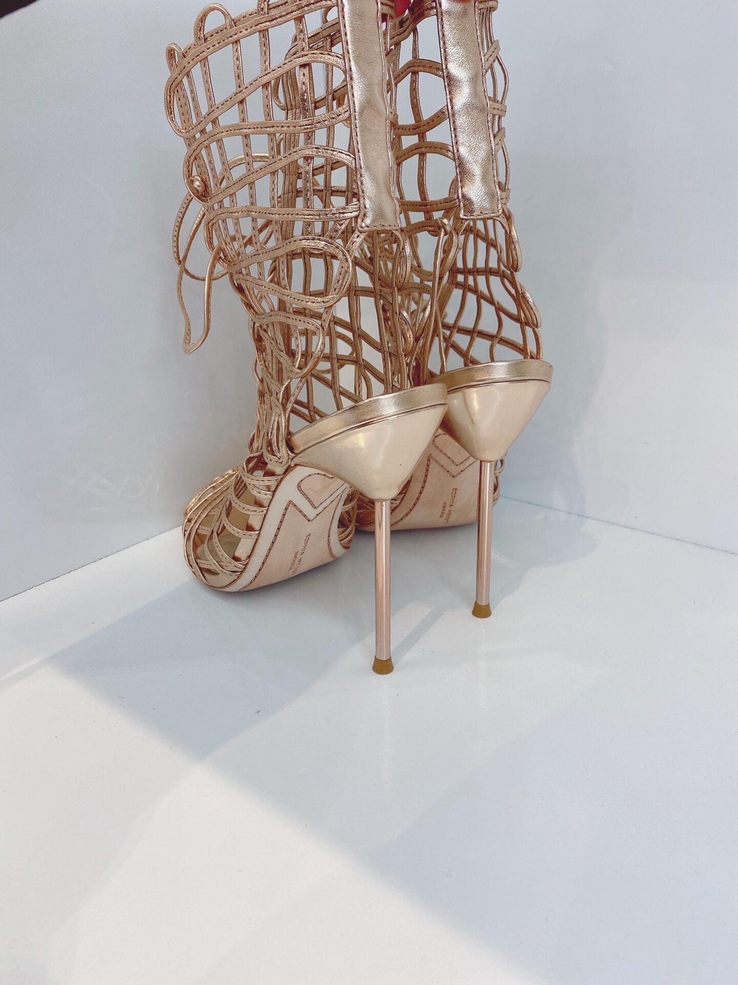 METALLIC ROSE GOLD LEATHER DELPHINE PEEP TOE CAGE SANDALS 40