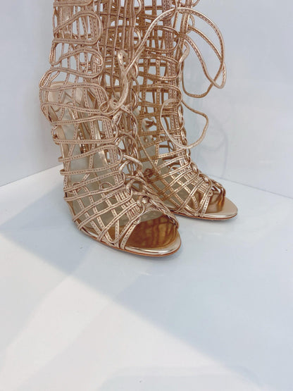 METALLIC ROSE GOLD LEATHER DELPHINE PEEP TOE CAGE SANDALS 40