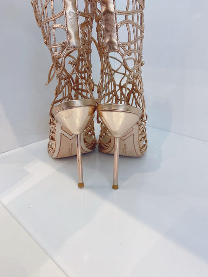 METALLIC ROSE GOLD LEATHER DELPHINE PEEP TOE CAGE SANDALS 40