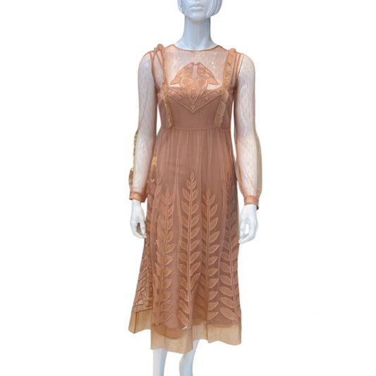 PEACH TRIMMED LONG SLEEVE LACE DRESS 40