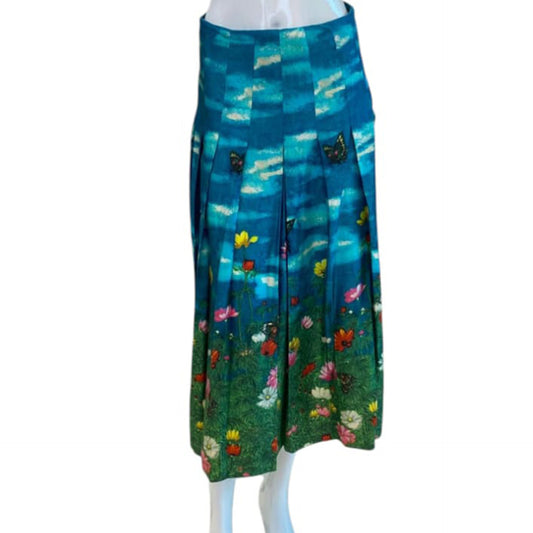 GREEN BLUE GARDEN PRINT SILK PLEATED SKIRT 42