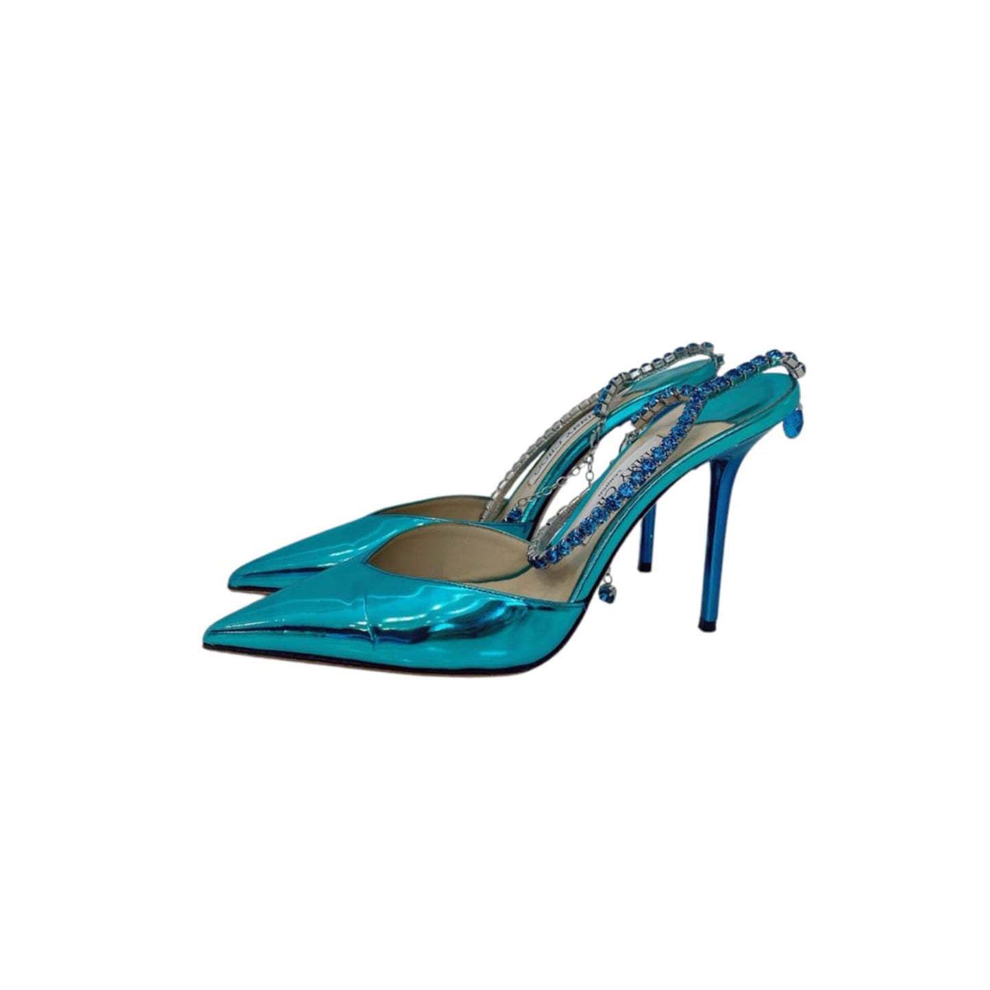 TURQUOISE PATENT LEATHER SAEDA CRYSTAL EMBELLISHED POINTED TOE PUMPS 39