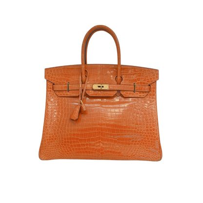FEU ORANGE SHINY POROSUS CROCODILE BIRKIN 35 GOLD HARDWARE