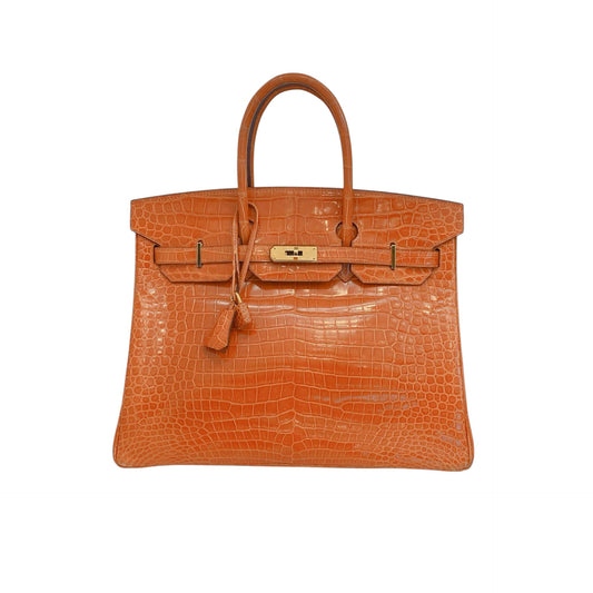 FEU ORANGE SHINY POROSUS CROCODILE BIRKIN 35 GOLD HARDWARE