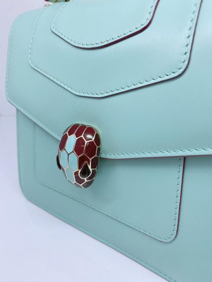 AQUAMARINE CALFSKIN LEATHER MINI SERPENTI FOREVER TOP HANDLE BAG