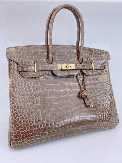 GRIS ELEPHANT SHINY POROSUS CROCODILE BIRKIN 35 GOLD HARDWARE