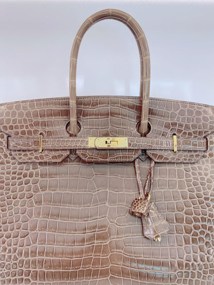 GRIS ELEPHANT SHINY POROSUS CROCODILE BIRKIN 35 GOLD HARDWARE