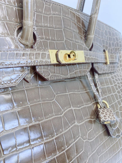 GRIS ELEPHANT SHINY POROSUS CROCODILE BIRKIN 35 GOLD HARDWARE