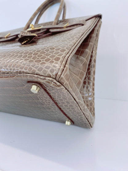 GRIS ELEPHANT SHINY POROSUS CROCODILE BIRKIN 35 GOLD HARDWARE