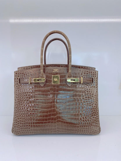 GRIS ELEPHANT SHINY POROSUS CROCODILE BIRKIN 35 GOLD HARDWARE