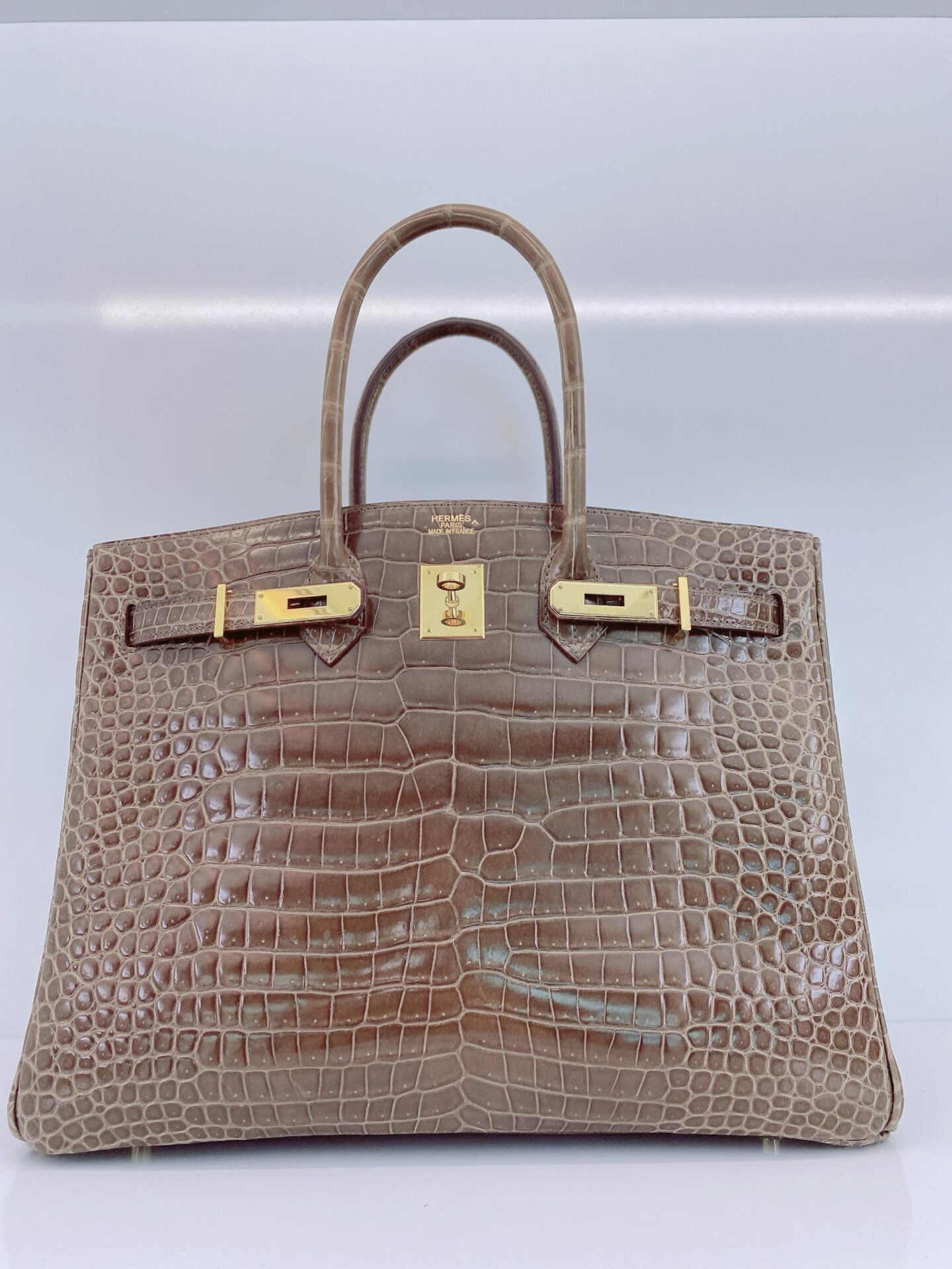 GRIS ELEPHANT SHINY POROSUS CROCODILE BIRKIN 35 GOLD HARDWARE