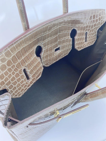 GRIS ELEPHANT SHINY POROSUS CROCODILE BIRKIN 35 GOLD HARDWARE