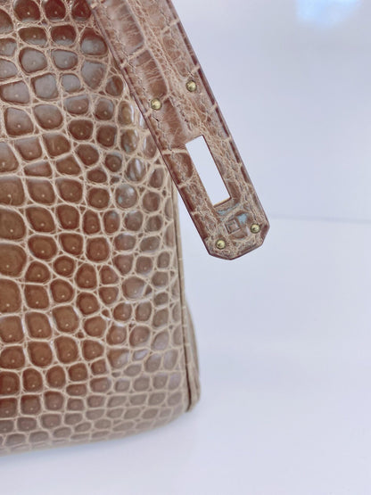GRIS ELEPHANT SHINY POROSUS CROCODILE BIRKIN 35 GOLD HARDWARE