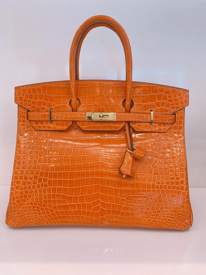 FEU ORANGE SHINY POROSUS CROCODILE BIRKIN 35 GOLD HARDWARE