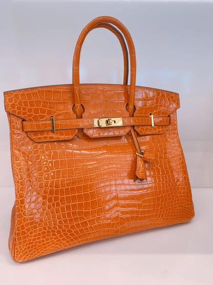 FEU ORANGE SHINY POROSUS CROCODILE BIRKIN 35 GOLD HARDWARE