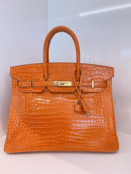 FEU ORANGE SHINY POROSUS CROCODILE BIRKIN 35 GOLD HARDWARE