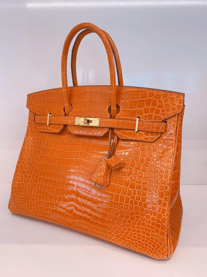 FEU ORANGE SHINY POROSUS CROCODILE BIRKIN 35 GOLD HARDWARE