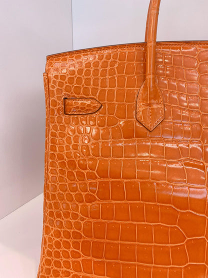 FEU ORANGE SHINY POROSUS CROCODILE BIRKIN 35 GOLD HARDWARE