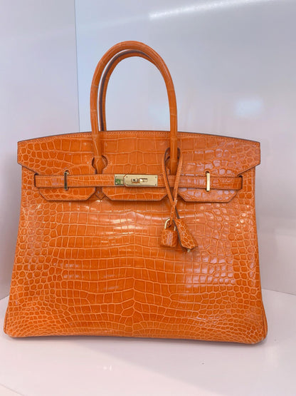 FEU ORANGE SHINY POROSUS CROCODILE BIRKIN 35 GOLD HARDWARE