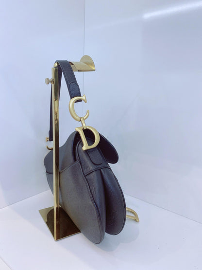 BLACK GRAINED LEATHER MEDIUM SADDLE BAG WITH STRAP