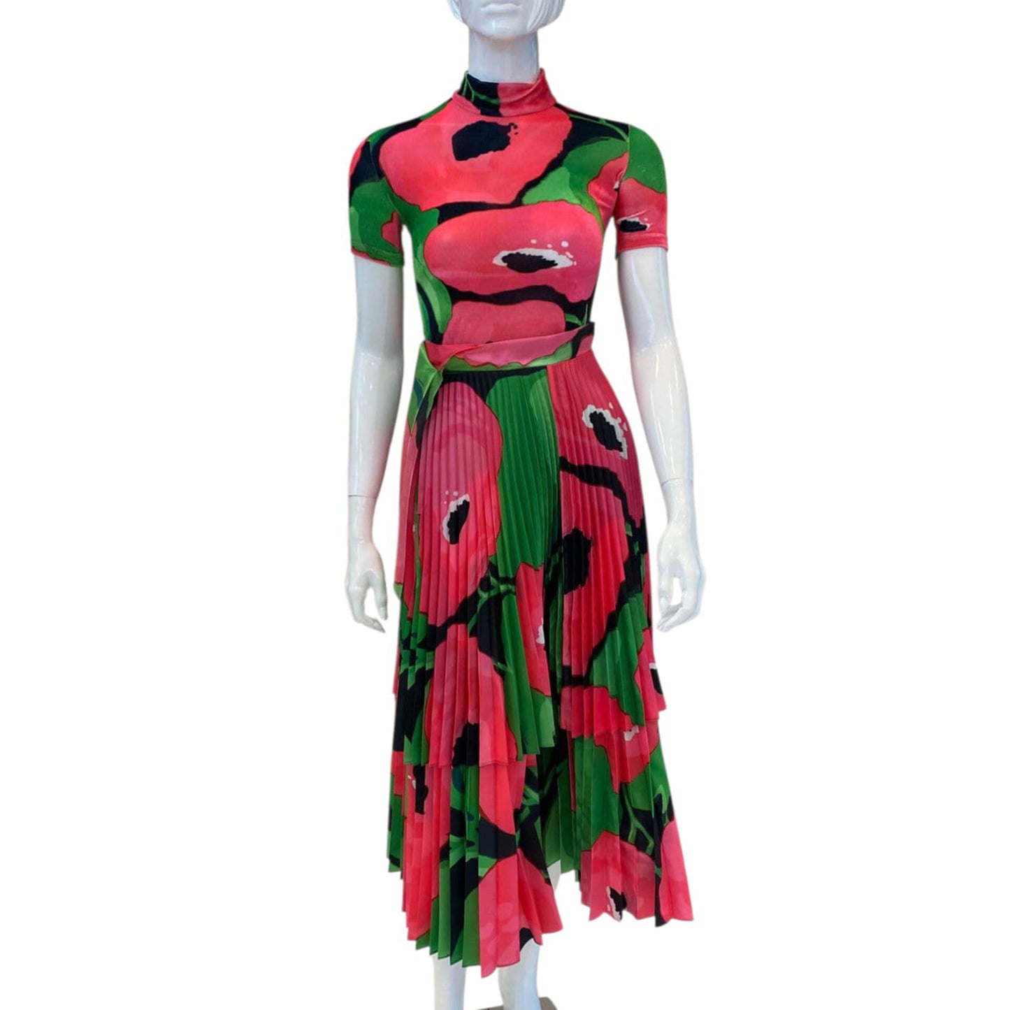 GREEN PINK TOP AND POPPY PLEATED MIDI SKIRT 8