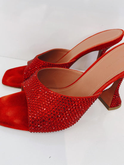 RED CRYSTAL EMBELLISED SUEDE LUPITA SANDALS 40.5