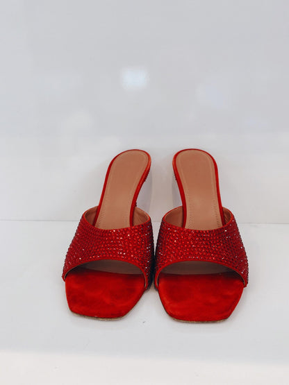 RED CRYSTAL EMBELLISED SUEDE LUPITA SANDALS 40.5