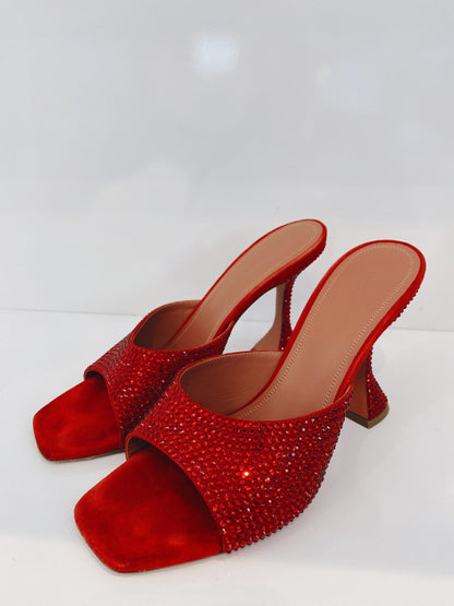 RED CRYSTAL EMBELLISED SUEDE LUPITA SANDALS 40.5