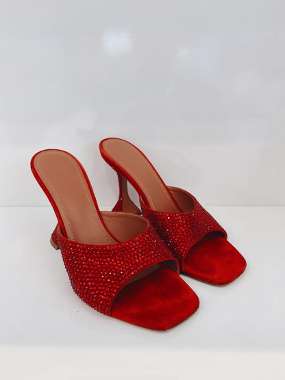 RED CRYSTAL EMBELLISED SUEDE LUPITA SANDALS 40.5