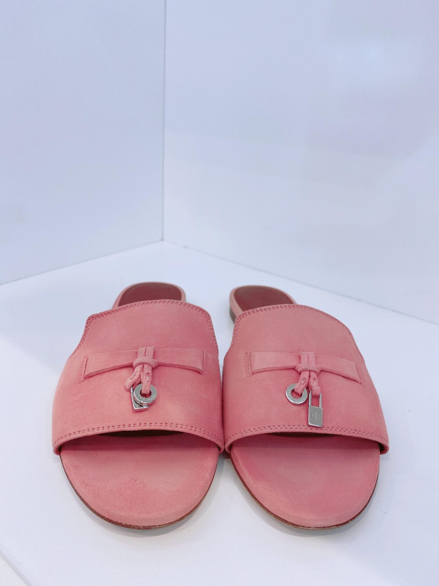 PINK SUEDE CHARM SLIDE SANDALS  38