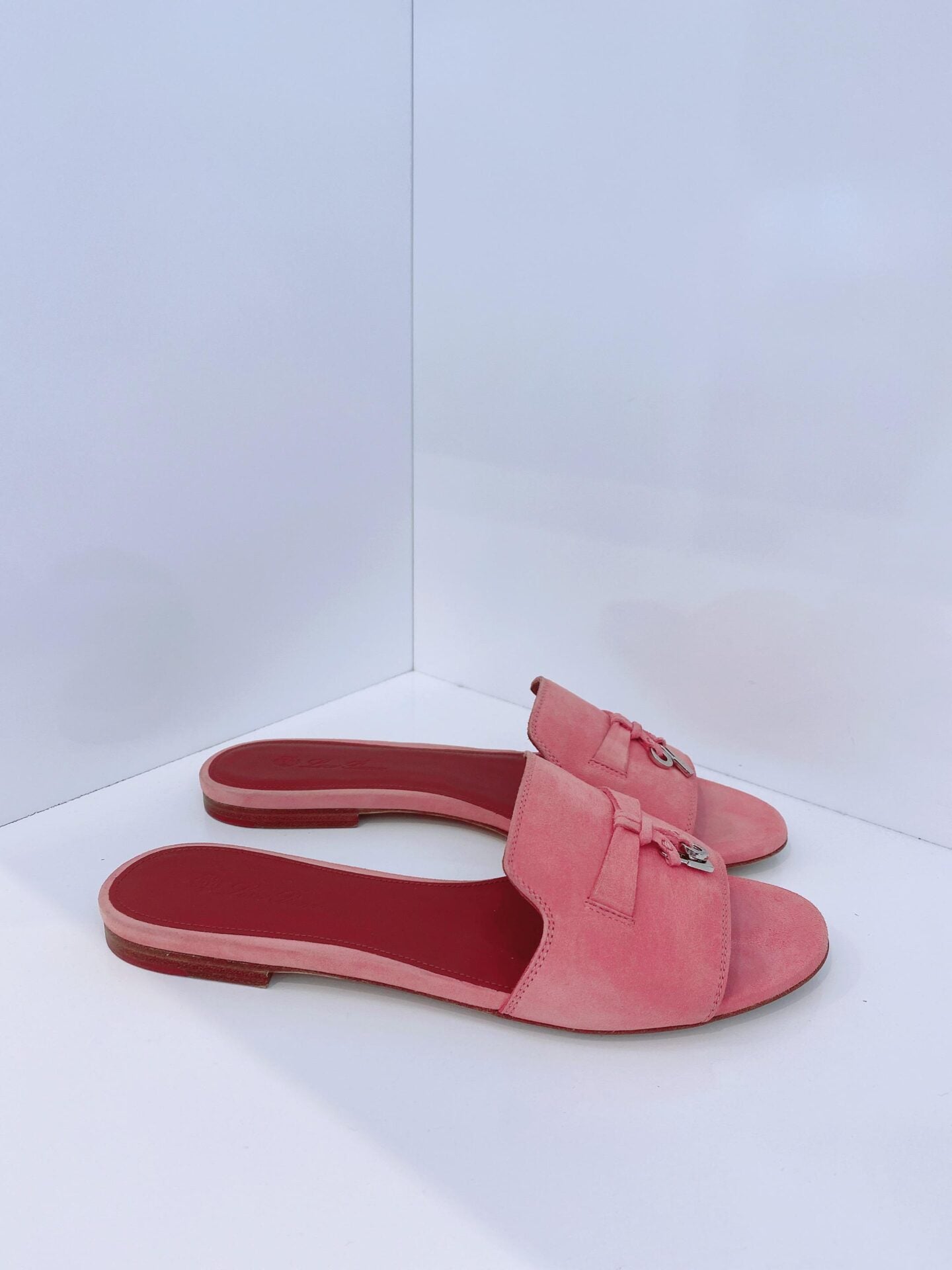 PINK SUEDE CHARM SLIDE SANDALS  38